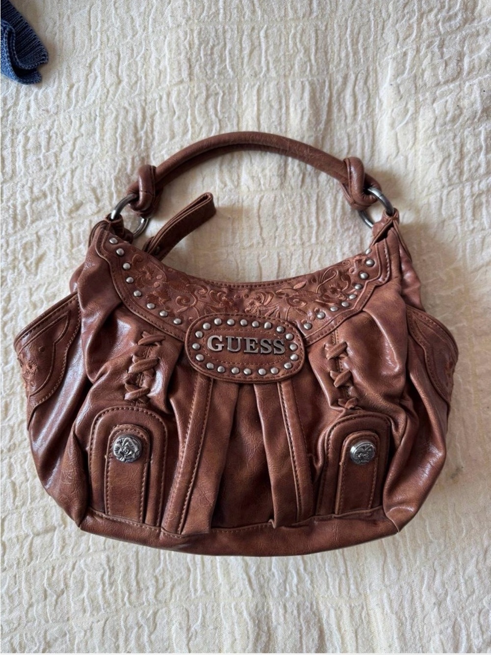 GUESS Y2K Brown Stud-Accent Leather Shoulder Bag